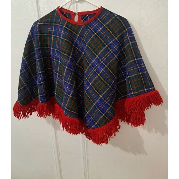 Vintage  70's WOOL TARTAN PLAID FRINGE WOMENS SMALL PONCHO CAPE RED BLUE Sweater - Picture 4 of 5